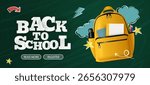 Back to school text with yellow backpack bag and doodle elements. Back to school design for educational study learning messages. Vector illustration