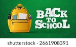 Back to school text with yellow backpack bag . Back to school design for educational study learning messages. Vector illustration