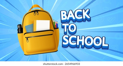 De volta à escola texto com mochila amarela saco. Voltar ao design escolar para mensagens de aprendizagem de estudo educacional. Ilustração vetorial