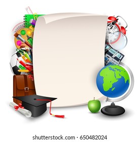 Back to school with text-filled paper, vector illustrations.