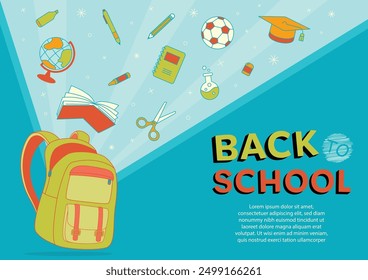 Back to school theme blue background and colorful stationery supplies element vector illustration