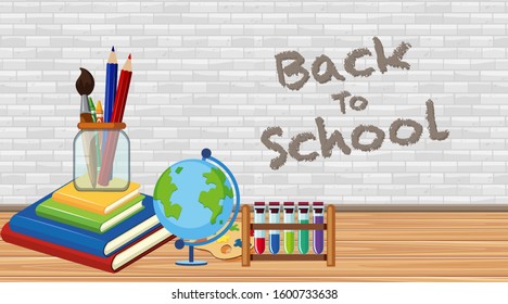 Back to school theme with books and globe on the floor illustration