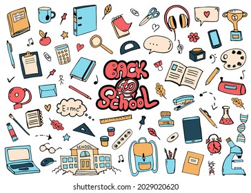 De vuelta al doodle de color del tema escolar. Imágenes del garabato escolar. Imágenes hechas a mano para papel, carteles, postales, pegatinas, portadas.