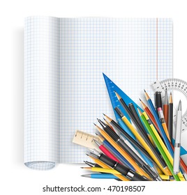 Back to school theme. Exercise book with math spread and twisted page, ruler pens and pencils. Vector background