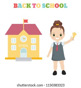 Back to school theme with girl and school building.