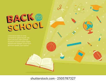 Back to school theme green background and colorful stationery supplies element vector illustration
