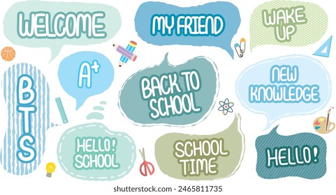 Back to school theme hand-drawn speech bubble. Set of BTS crayon cute memo sticker. Welcome school begin the semester chat box. Stationery pattern balloon cloud. Pencil, Science, Art, Math, Paper clip