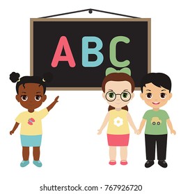 Back to school theme with kids and board illustration