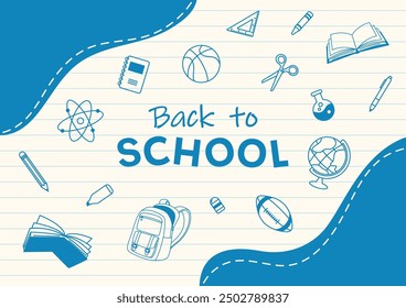 Back to school theme lined paper background and stationery supplies element vector illustration