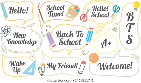 Back to school theme line-out speech bubble. Set of BTS cute memo sticker. Welcome school begin the semester chat box. Stationery pattern balloon cloud. Pencil, Ruler, Science, Art, Math, Student