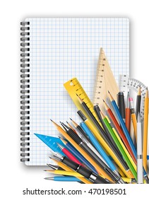 Back to school theme. Notebook, rulers pens and pencils