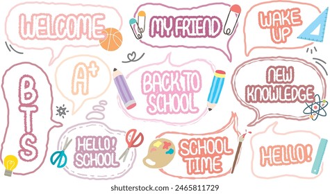 Zurück zur Schule Thema out-line handgezeichnete Sprechblase. Set von BTS-Buntstift niedliche Memo-Aufkleber. Welcome School Begin Semester Chat Box. Ballonwolke mit Briefpapier-Muster. Bleistift, Wissenschaft, Mathematik, Papier Clip