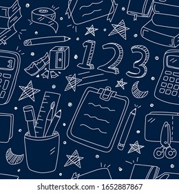 Back to School Theme. Seamless Pattern, School Equipment, Vector Illustration EPS 10.