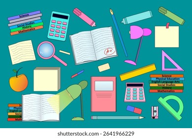 Back to school theme set with books, notebooks, calculators, pencils, vintage fountain pen, markers, desk lamp, note sheets, rulers, erasers, and magnifying glass. Stationery and supplies collection.