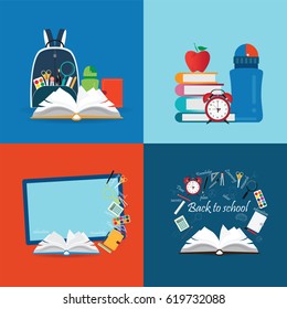 Back to school theme set with books, schoolboy, backpack and other elements, education Vector illustration.
