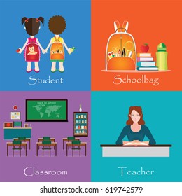 Back to school theme set with student, schoolbag ,classroom and teacher, education Vector illustration.
