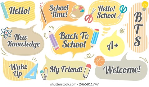 In: Back to School Theme Speech Bubble. Set von BTS niedliche Memo Aufkleber. Willkommen Schule beginnen das Semester Chat Box. Ballonwolke mit Briefpapier-Muster. Bleistift, Lineal, Wissenschaft, Kunst, Mathe, Wissen, Papier Clip