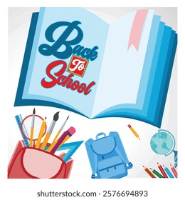 Back to School theme with school supplies, an open book, and cheerful design elements, symbolizing the excitement and preparation for the school season. Flat vector modern illustration 