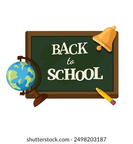 Back to school theme vector template design. School chalk board, bell, globe and crayons. Vector illustration of school greeting template.