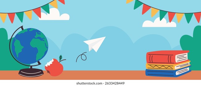 Back to school themed background for horizontal banner. Education poster template with books, earth globe, apple, paper airplane and flags garland. Blue sky with clouds and trees. Vector illustration.