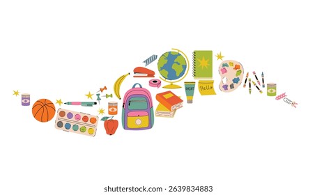 Back to school themed card in cartoon flat style with colorful wave of supplies like backpack, books, basketball, paints, crayons. Fun and bright design perfect for kids, study and education topics.