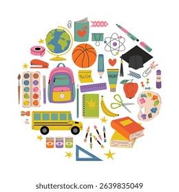 Back to school themed card in cartoon flat style with colorful circle of supplies like backpack, book, basketball, paint, crayon. Bright and fun design perfect for kids, learning and education use.