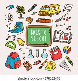 Back to school themed cartoon icon. Set of school supplies cartoon icon
