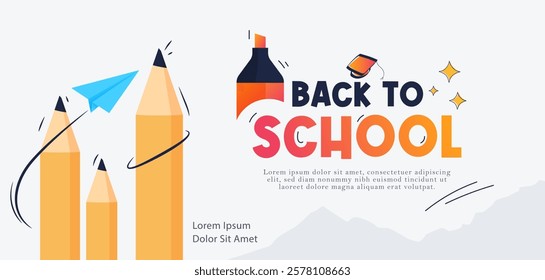 Back to school themed design template with stationery ornaments and graduation hats. Time to go back to school. Studying in school. White background