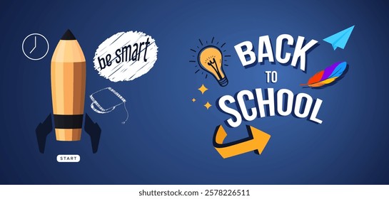 Back to school themed design template with stationery ornaments and graduation hats. Time to go back to school. Studying in school. White background