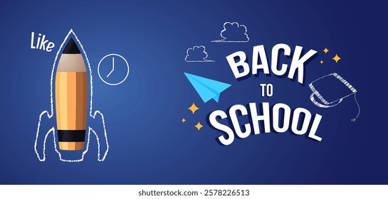 Back to school themed design template with stationery ornaments and graduation hats. Time to go back to school. Studying in school. White background