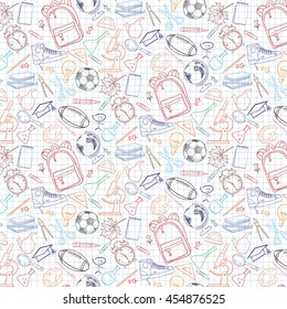 Back to school themed doodle seamless pattern with stationery. Vector illustration.