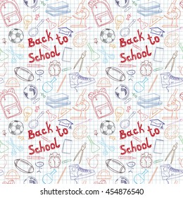 Back to school themed doodle seamless pattern with stationery. Vector illustration.