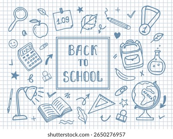 Back to school themed doodle set in hand-drawn vector style. Blue line icons on graph paper background. Includes books, backpack, globe, calculator, lab flask. Perfect for posters, prints, school desi