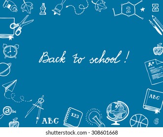 Back to school themed greetings with frame containing doodles on dark blue background.
