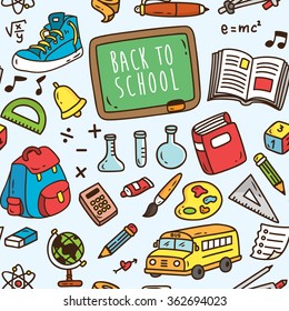 Back to school themed seamless background. School supplies pattern