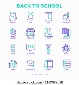 Back to school thin line icons set: backpack, bell, book, microscope, knowledge, owl, graduation cap, bus, chemistry, mathematics, biology, blackboard, physics, exam. Modern vector illustration.