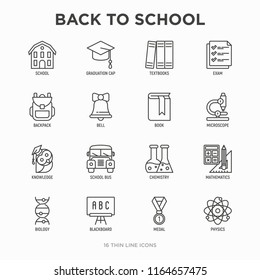 Back to school thin line icons set: backpack, bell, book, microscope, knowledge, owl, graduation cap, bus, chemistry, mathematics, biology, blackboard, physics, exam. Modern vector illustration.