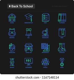 Back to school thin line icons set: backpack, bell, book, microscope, knowledge, owl, graduation cap, bus, chemistry, mathematics, biology, blackboard. Modern vector illustration for black theme.