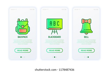 Back to school thin line icons set: backpack, blackboard, bell. Modern vector illustration.