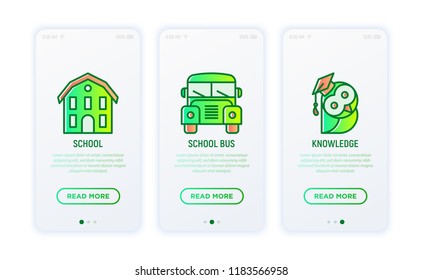 Back to school thin line icons set: school building, owl in graduation cap, bus. Modern vector illustration.