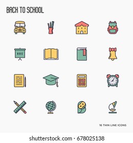 Back to school thin line icons set: school bus, globe, books, backpack, owl, bell, chalkboard. Vector illustration.