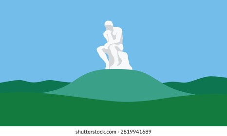 Back To School Thinking man sculpture on green hill under blue sky with thinking, sculpture