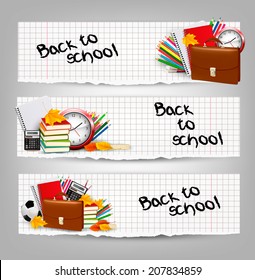 Back to school. Three banners with school supplies and autumn leaves. Vector. 