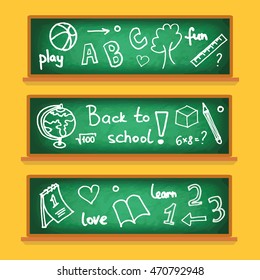 Back To School. Three chalkboards with school icon elements on yellow background. Vector illustration
