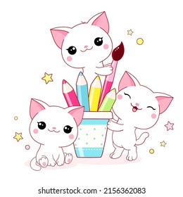 Back to school. Three cute little white cats with pencil and paintbrush. Friends kittens playing with pencils. Vector illustration EPS8