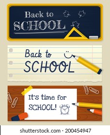 Back to school. Three horizontal banners with stationery. Vector illustration.