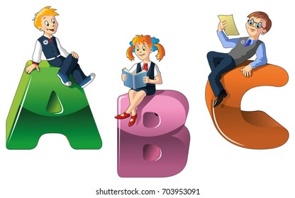 Back to school, three pupils sitting on big letters ABC, vector illustration
