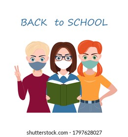 back to school. three Schoolgirls in medical masks on a white background. vector illustration.