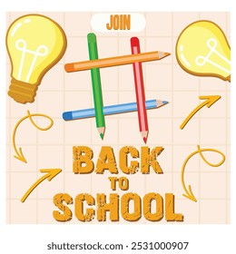  Back to school with tic toe game, pencils makes and lamp idea doodle sketch. Flat vector modern illustration 