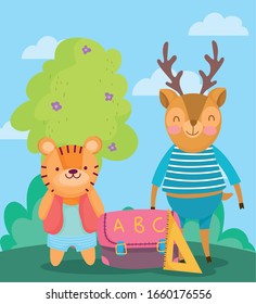 back to school, tiger and deer bag ruler supplies outdoor vector illustration